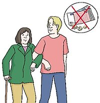Ein Mensch hilft einem Menschen beim Gehen. Ein Geld-Schein ist durchgestrichen.