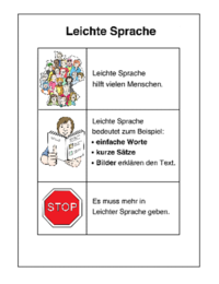 Bild erklärt Leichte Sprache: hilft vielen Menschen, nutzt einfache Wörter, kurze Sätze und Bilder