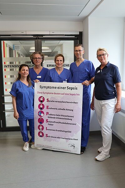 Mitarbeitende der Intensivstation mit einem Plakat, das die Symptome der Sepsis benennt