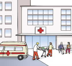 Menschen vor dem Krankenhaus